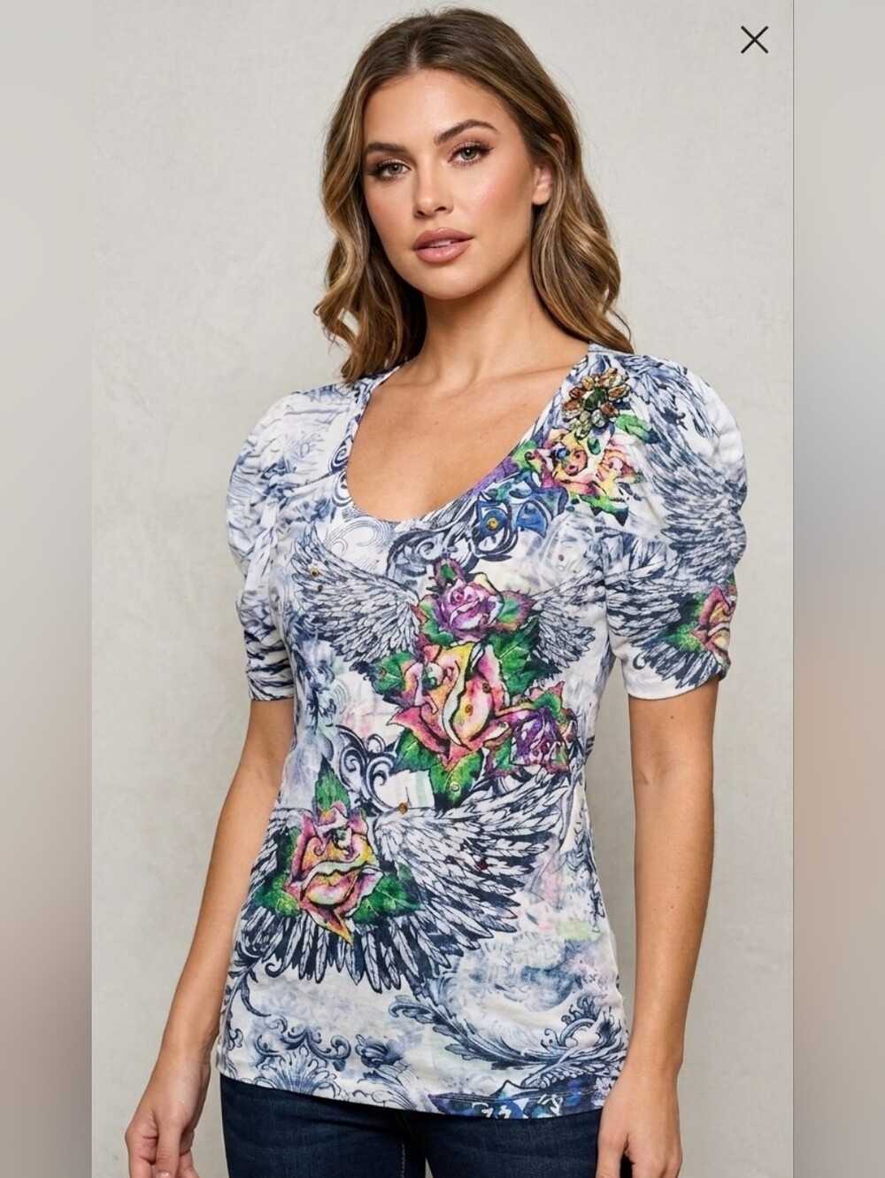 S-Twelve Multicolor Jeweled Blouse Top with Angel Wings and Roses Med